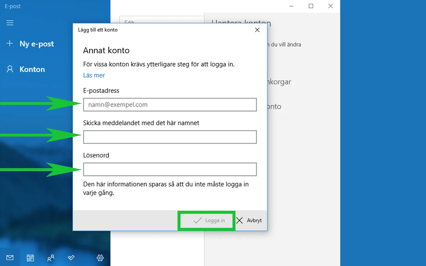 E-postkonto Windows - Annat konto