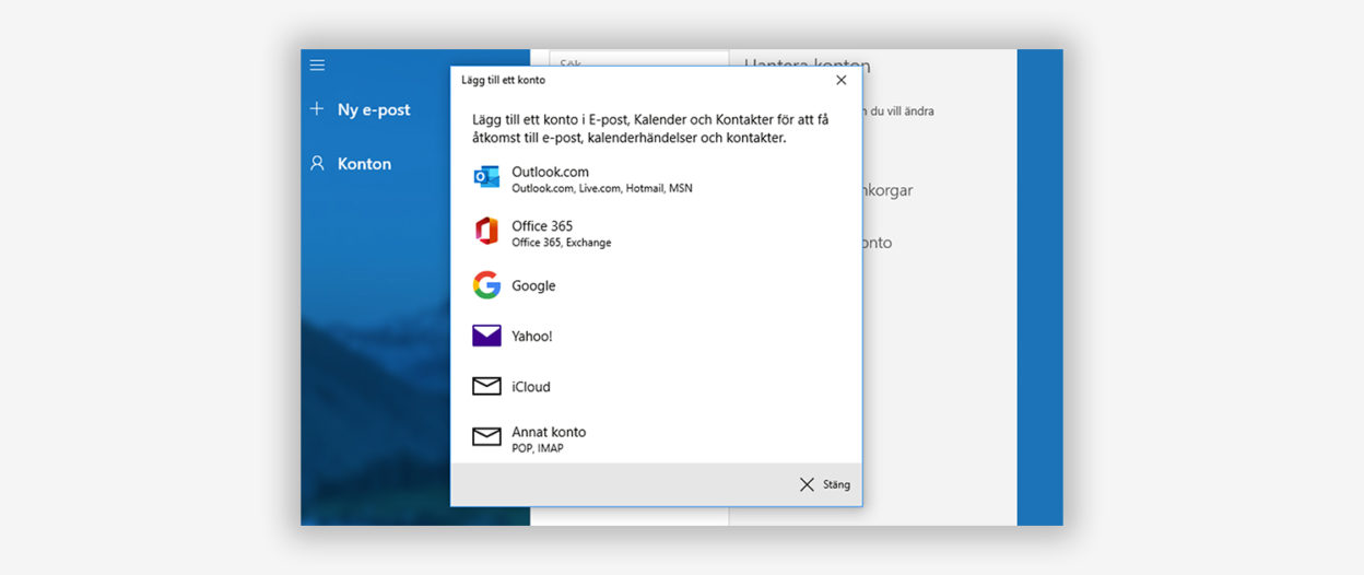 Skärmdump - Välj e-postkonto